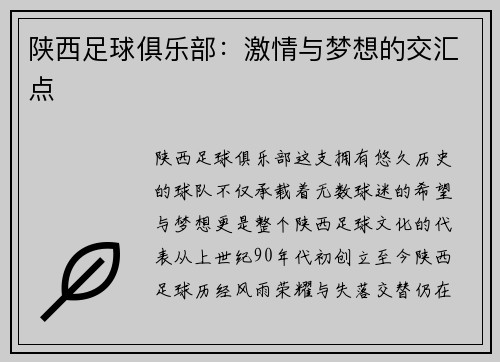 陕西足球俱乐部：激情与梦想的交汇点