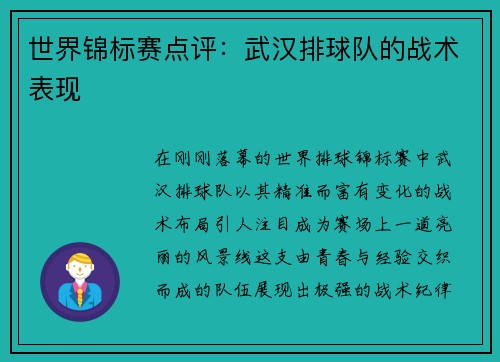 世界锦标赛点评:武汉排球队的战术表现