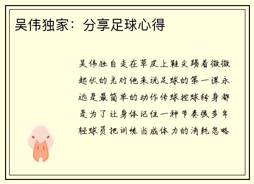 吴伟独家：分享足球心得
