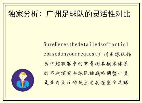 独家分析：广州足球队的灵活性对比